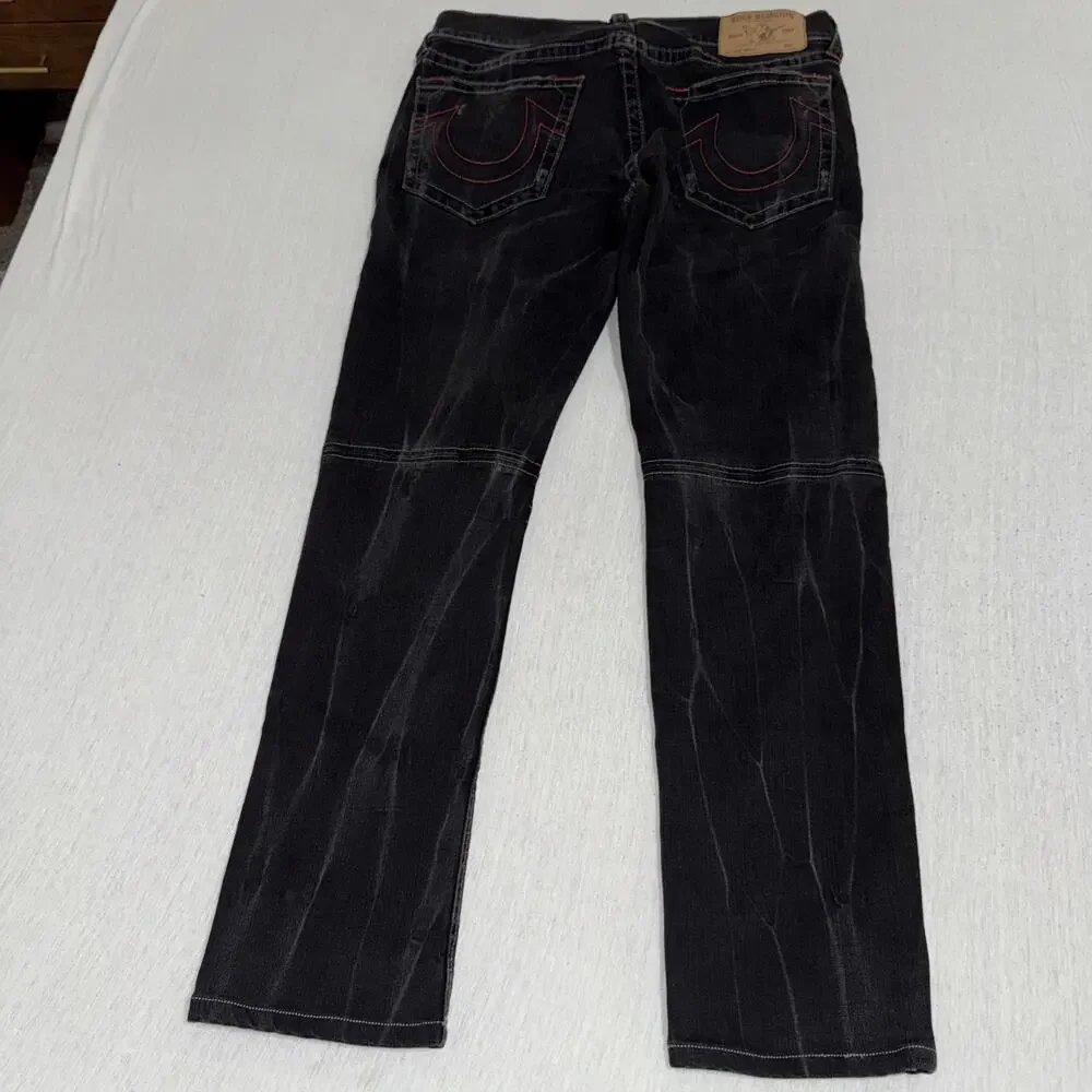 True Religion Skinny Moto Black Jeans Mens 34x30 Distressed Biker Pants EUC